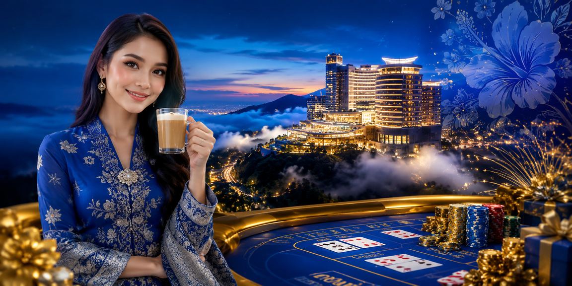 Suasana kasino dalam talian malam di Malaysia dengan cahaya emas berkilauan